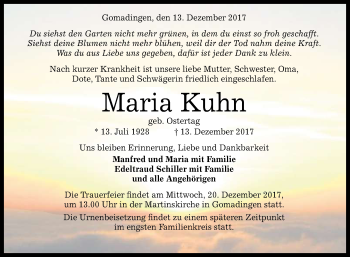 Anzeige von Maria Kuhn von Reutlinger General-Anzeiger