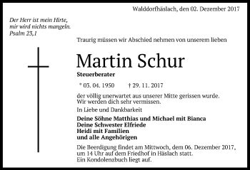 Anzeige von Martin Schur von Reutlinger General-Anzeiger