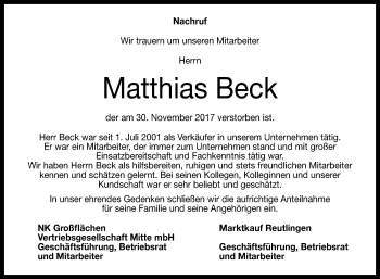 Anzeige von Matthias Beck von Reutlinger General-Anzeiger