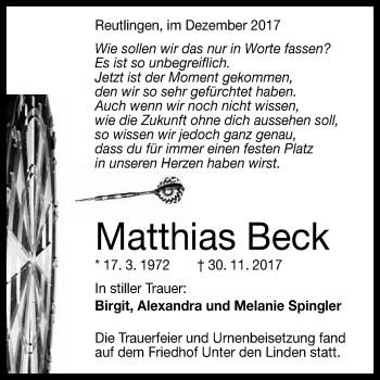 Anzeige von Matthias Beck von Reutlinger General-Anzeiger