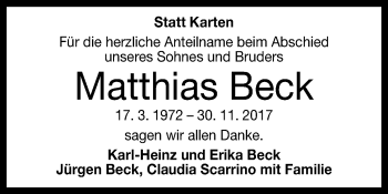 Anzeige von Matthias Beck von Reutlinger General-Anzeiger