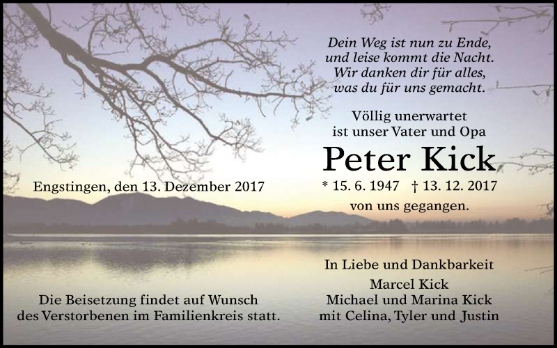  Traueranzeige für Peter Kick vom 23.12.2017 aus Reutlinger General-Anzeiger