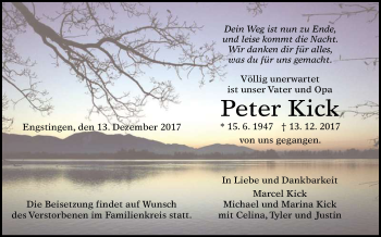 Anzeige von Peter Kick von Reutlinger General-Anzeiger