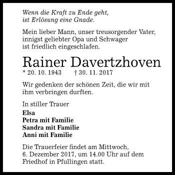 Anzeige von Rainer Davertzhoven von Reutlinger General-Anzeiger