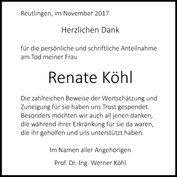 Anzeige von Renate Köhl von Reutlinger General-Anzeiger