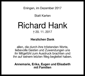 Anzeige von Richard Hank von Reutlinger General-Anzeiger