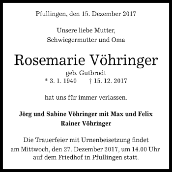 Anzeige von Rosemarie Vöhringer von Reutlinger General-Anzeiger
