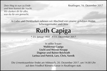 Anzeige von Ruth Capiga von Reutlinger General-Anzeiger