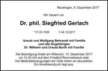 Anzeige von Siegfried Gerlach von Reutlinger General-Anzeiger
