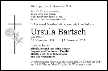 Anzeige von Ursula Bartsch von Reutlinger General-Anzeiger