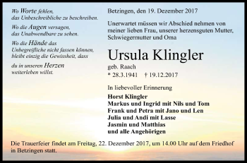 Anzeige von Ursula Klingler von Reutlinger General-Anzeiger