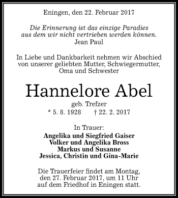 Anzeige von Hannelore Abel von Reutlinger General-Anzeiger
