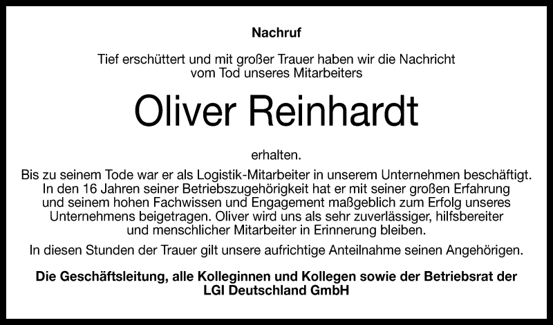  Traueranzeige für Oliver Reinhardt vom 04.02.2017 aus Reutlinger Generalanzeiger