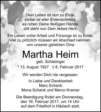 Anzeige von Martha Heim von Reutlinger Generalanzeiger