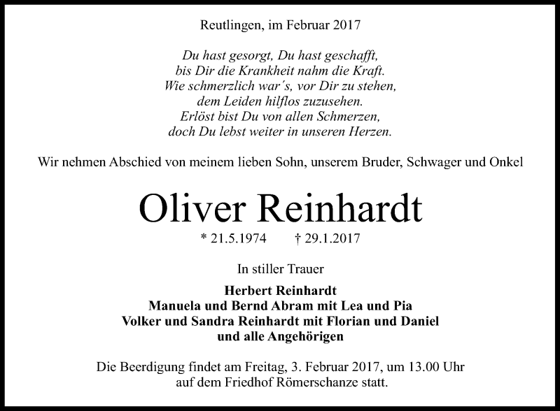  Traueranzeige für Oliver Reinhardt vom 01.02.2017 aus Reutlinger Generalanzeiger