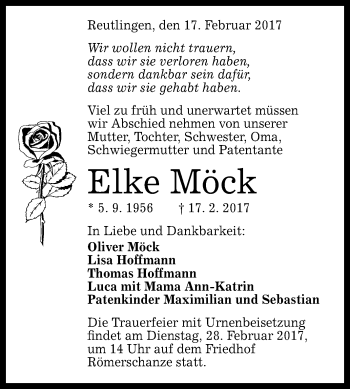 Anzeige von Elke Möck von Reutlinger General-Anzeiger