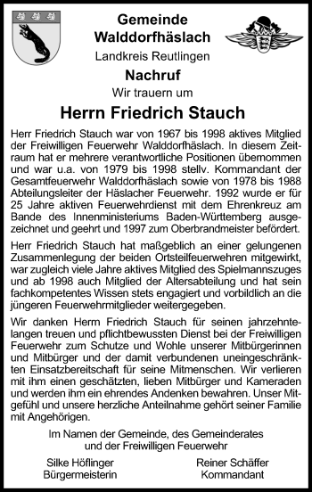 Anzeige von Friedrich Stauch von Reutlinger Generalanzeiger