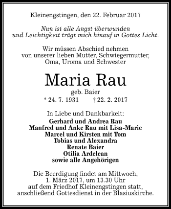 Anzeige von Maria Rau von Reutlinger General-Anzeiger