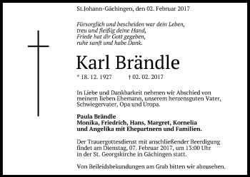 Anzeige von Karl Brändle von Reutlinger Generalanzeiger