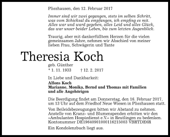 Anzeige von Theresia Koch von Reutlinger Generalanzeiger