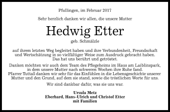 Anzeige von Hedwig Etter von Reutlinger Generalanzeiger