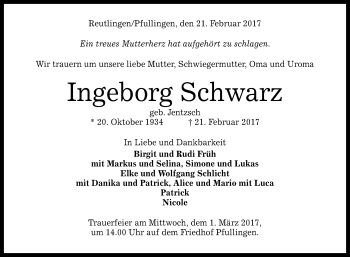 Anzeige von Ingeborg Schwarz von Reutlinger General-Anzeiger