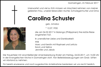 Anzeige von Carolina Schuster von Reutlinger General-Anzeiger