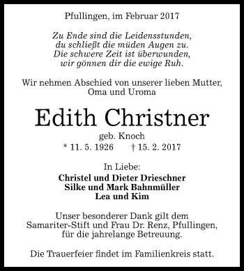 Anzeige von Edith Christner von Reutlinger General-Anzeiger