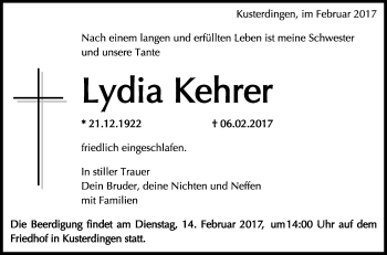 Anzeige von Lydia Kehrer von Reutlinger Generalanzeiger