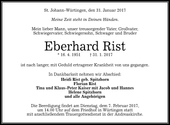 Anzeige von Eberhard Rist von Reutlinger Generalanzeiger