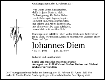 Anzeige von Johannes Diem von Reutlinger Generalanzeiger