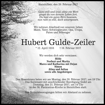 Anzeige von Hubert Gulde-Zeiler von Reutlinger Generalanzeiger