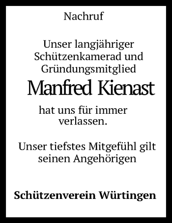 Anzeige von Manfred Kienast von Reutlinger Generalanzeiger