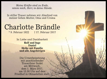 Anzeige von Charlotte Brändle von Reutlinger General-Anzeiger