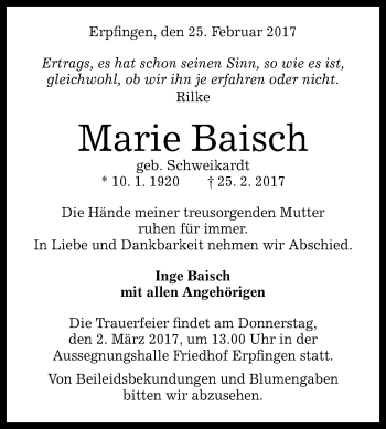 Anzeige von Marie Baisch von Reutlinger General-Anzeiger