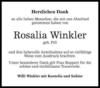 Anzeige von Rosalia Winkler von Reutlinger General-Anzeiger