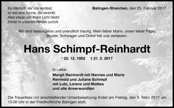 Anzeige von Hans Schimpf-Reinhardt von Reutlinger General-Anzeiger