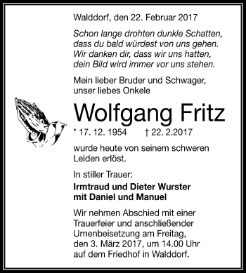 Anzeige von Wolfgang Fritz von Reutlinger General-Anzeiger