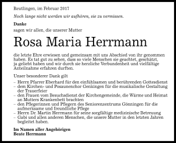 Anzeige von Rosa Maria Herrmann von Reutlinger General-Anzeiger