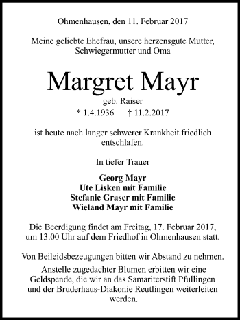 Anzeige von Margret Mayr von Reutlinger Generalanzeiger