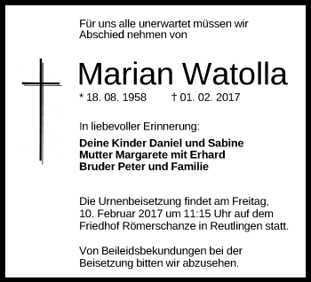 Anzeige von Marian Watolla von Reutlinger Generalanzeiger
