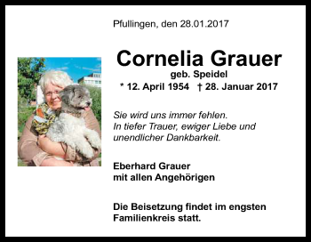 Anzeige von Cornelia Grauer von Reutlinger Generalanzeiger