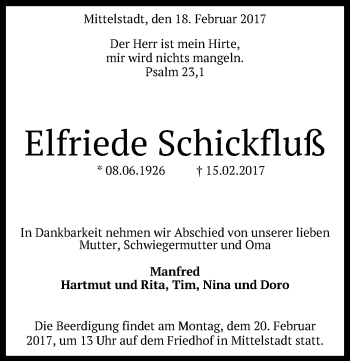 Anzeige von Elfriede Schickfluß von Reutlinger Generalanzeiger