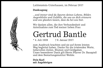 Anzeige von Gertrud Bantle von Reutlinger Generalanzeiger