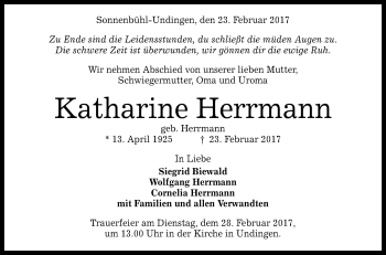 Anzeige von Katharine Herrmann von Reutlinger General-Anzeiger