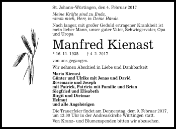 Anzeige von Manfred Kienast von Reutlinger Generalanzeiger