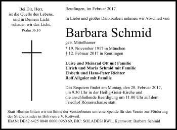Anzeige von Barbara Schmid von Reutlinger Generalanzeiger