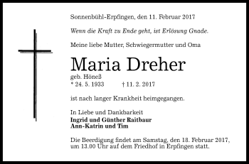 Anzeige von Maria Dreher von Reutlinger Generalanzeiger