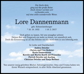 Anzeige von Lore Dannenmann von Reutlinger General-Anzeiger