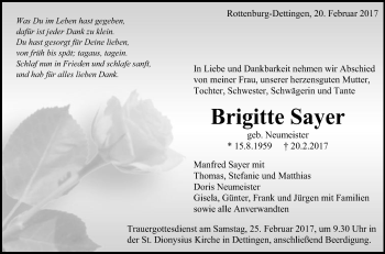 Anzeige von Brigitte Sayer von Reutlinger General-Anzeiger